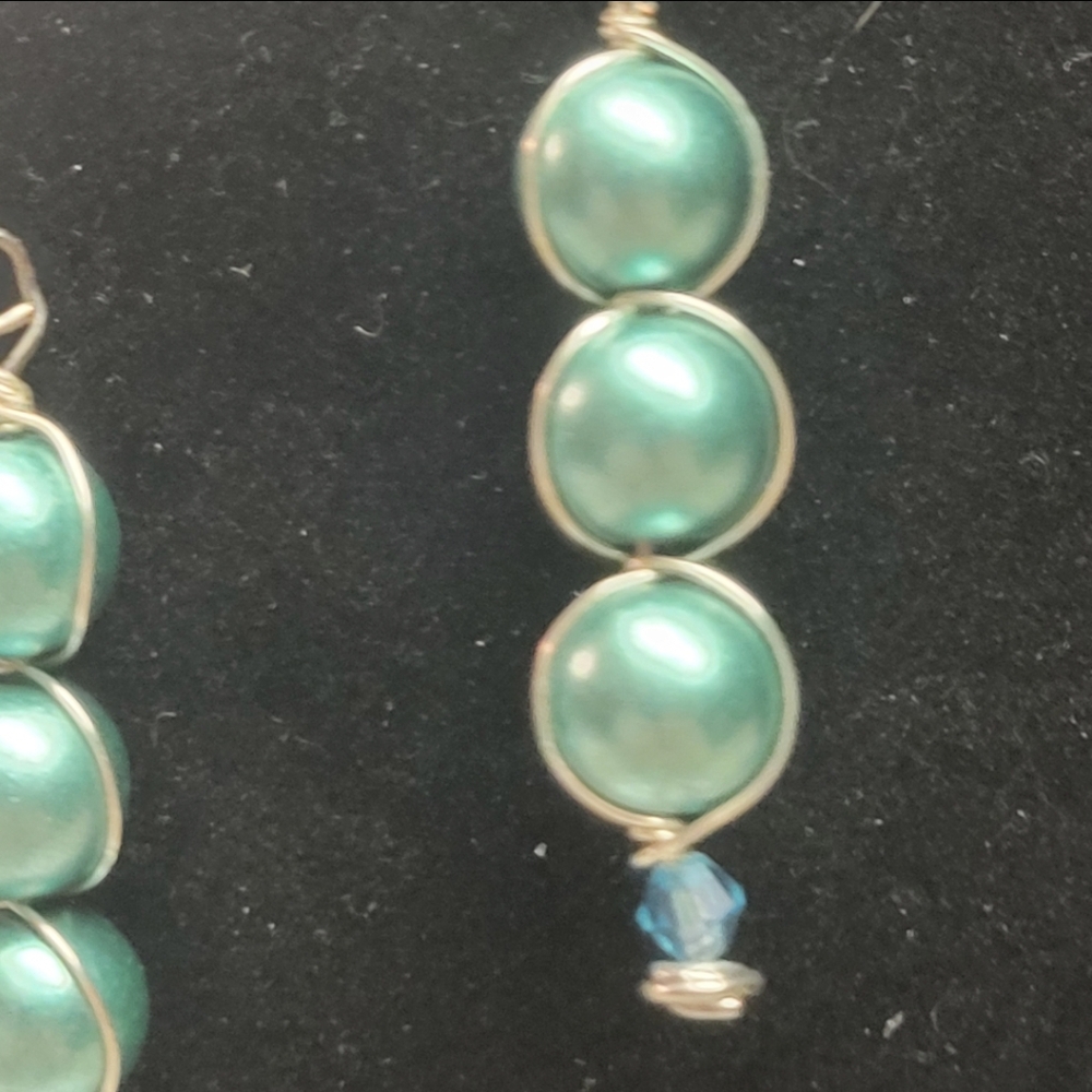 Handcrafted Silver and 3 Green Faux Pearl and Blue Bicone Earrings - Picture 3 of 6